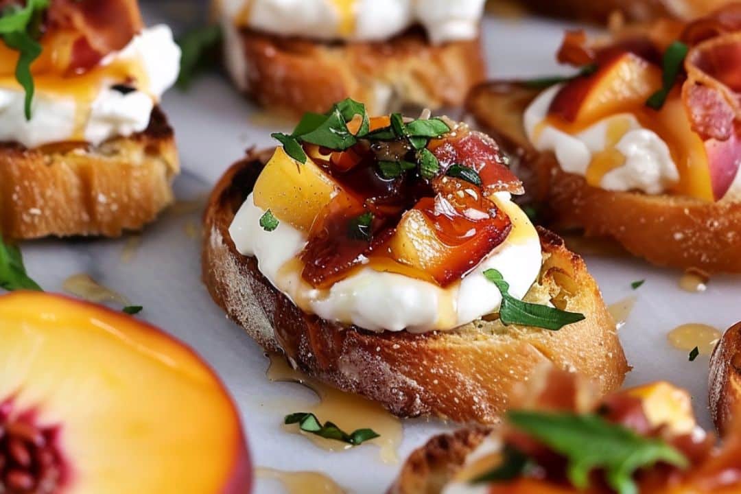 Honey Ricotta Peach Crostini with Crispy Pancetta Recipe