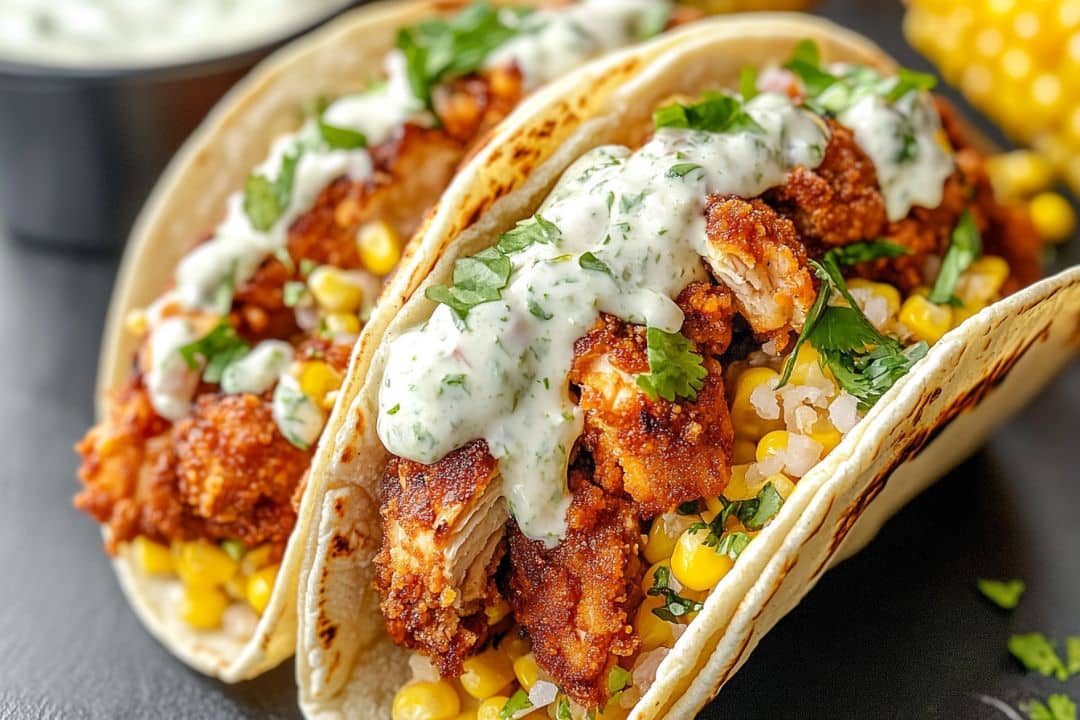 Fried Chicken Street Corn Tacos with Jalapeño Lime Ranch