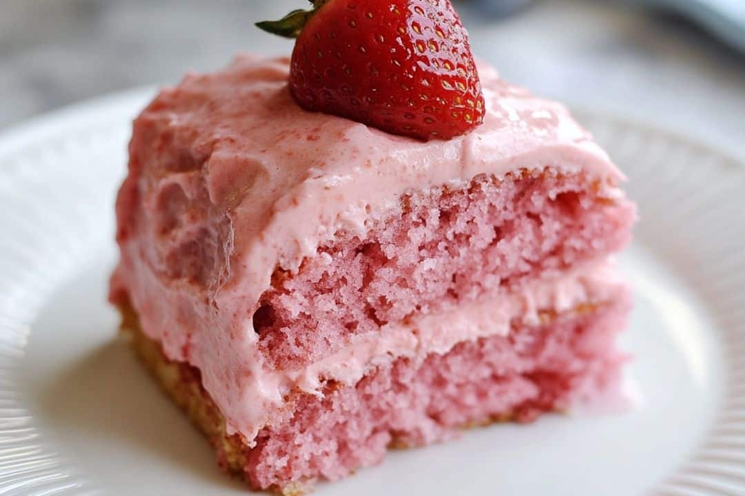 Best Ever Strawberry Cake This Strawberry Cake is bursting with fresh strawberry flavor, both in the moist cake and the creamy cream cheese icing. Made with a mix of white cake, strawberry jello, and pureed strawberries, this dessert is perfect for any occasion where you want a sweet, fruity treat.