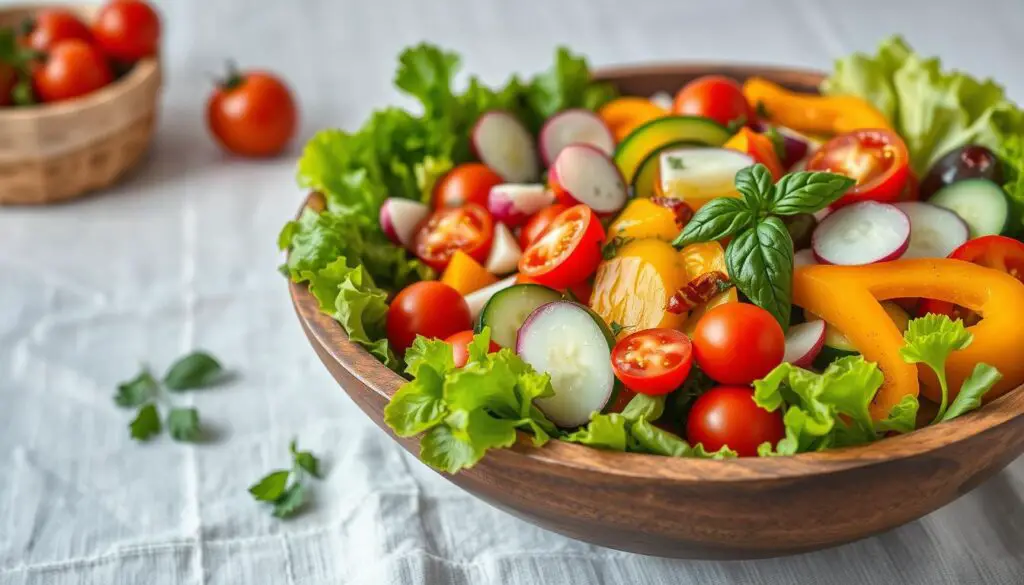 salad building with fresh ingredients