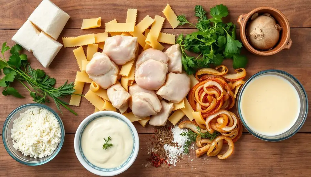 Ingredients for creamy chicken pasta bake