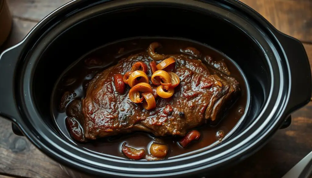 Slow cooker braised steak and onions