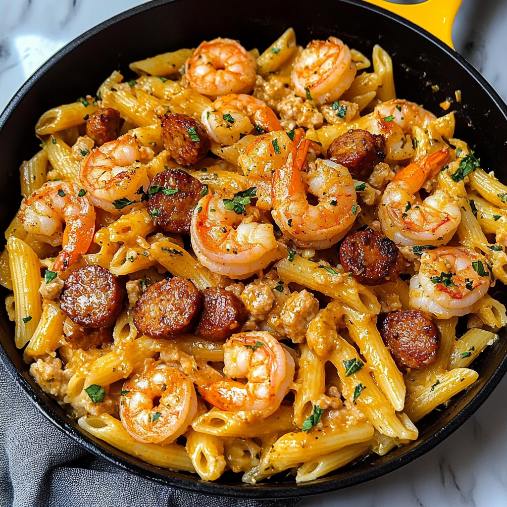 Garlic Butter Shrimp and Sausage Skillet Pasta